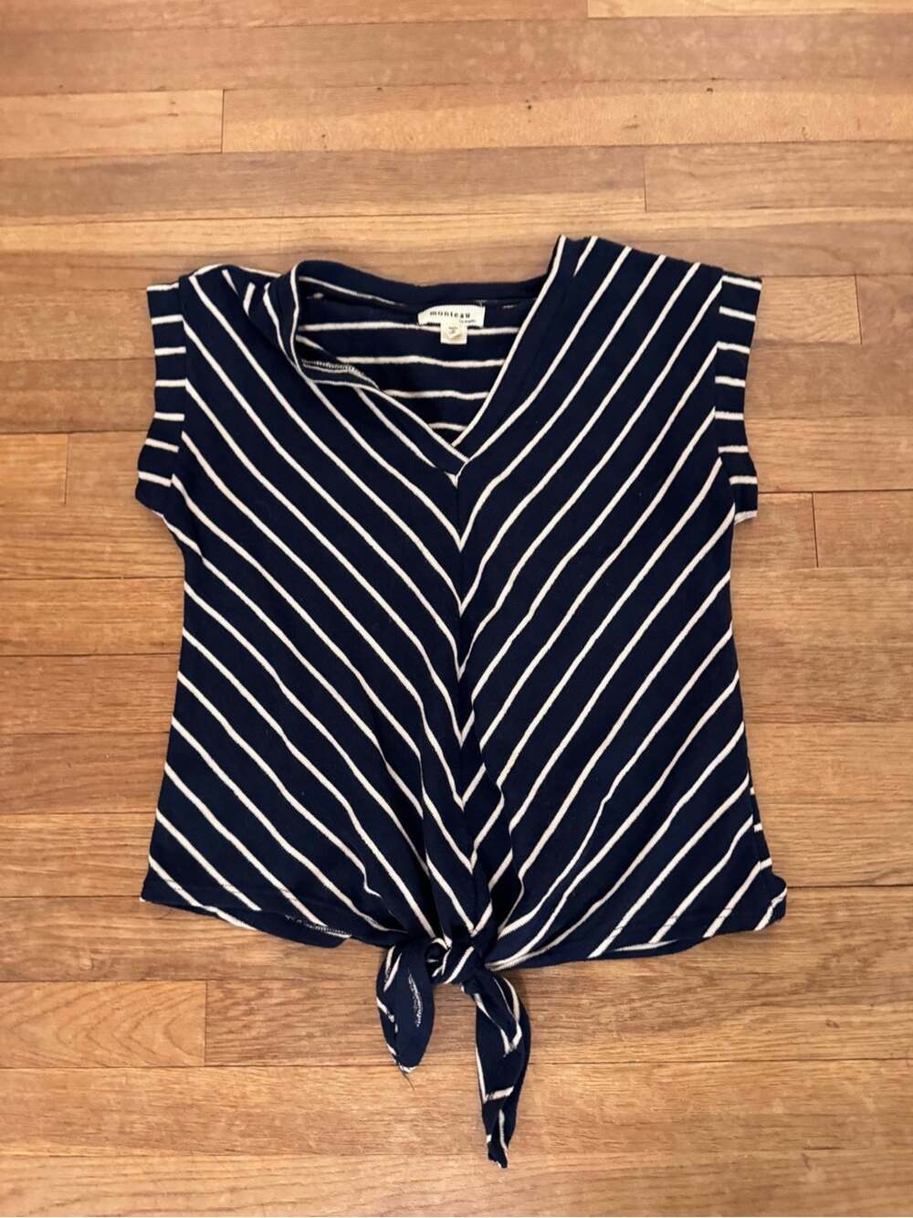 Monteau Women's Navy White Striped Tie-Front Top - Size S
b80